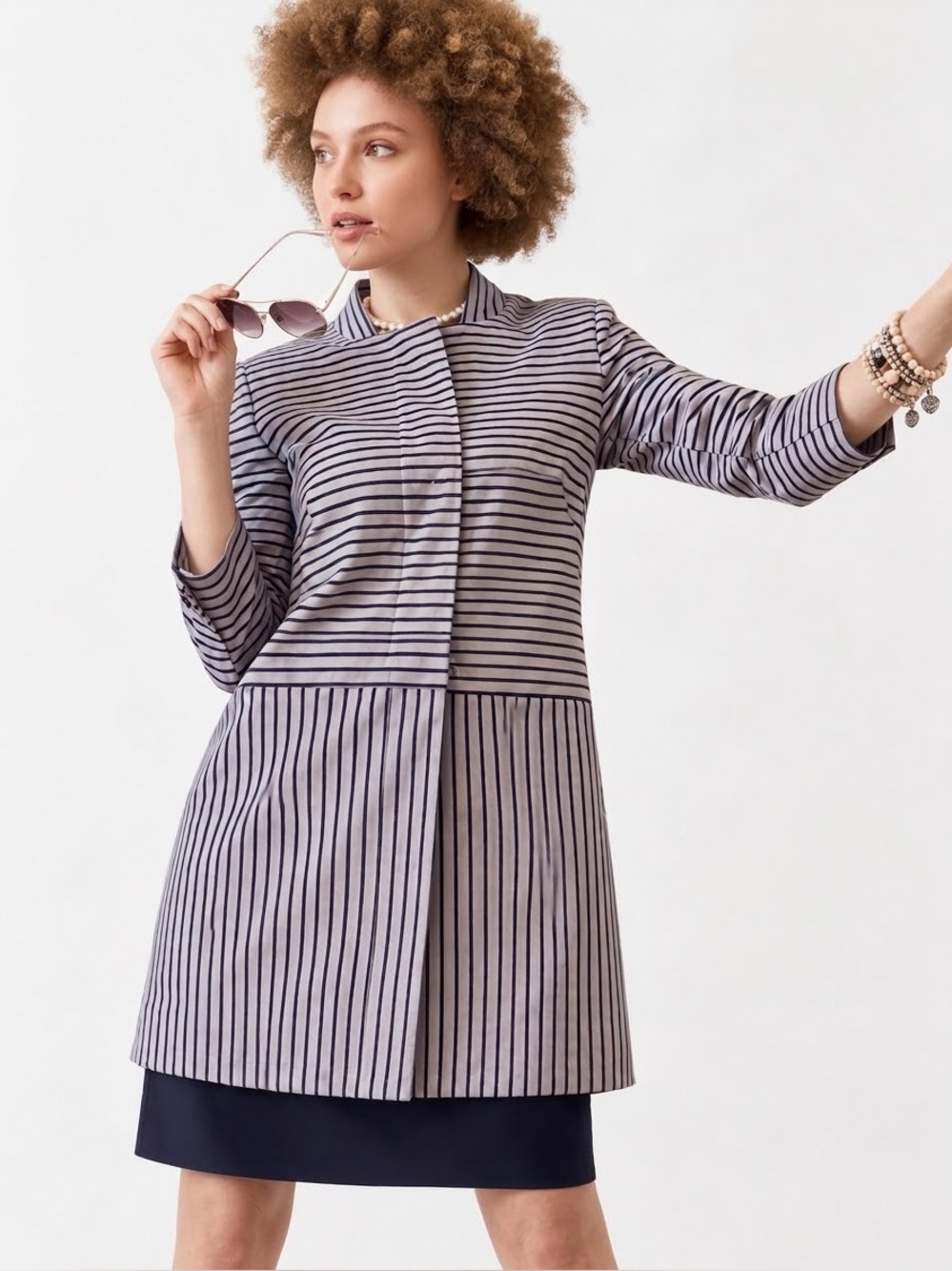 Cabi Women’s L Striped Long Jacket Navy Gray Button Front Cotton Blend